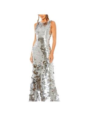 NWT Mac Duggal Silver Sequin Evening Gown - Elegant Floor-Length Dress
